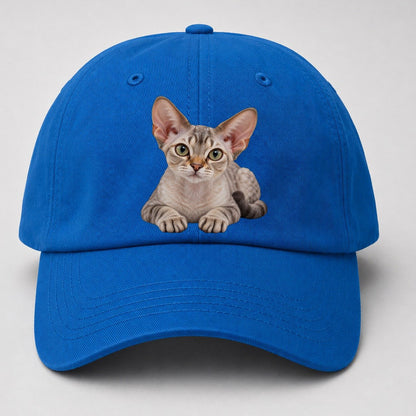 Devon Rex Reclining Paws Forward Realistic Cat Portrait Baseball Cap – Blue