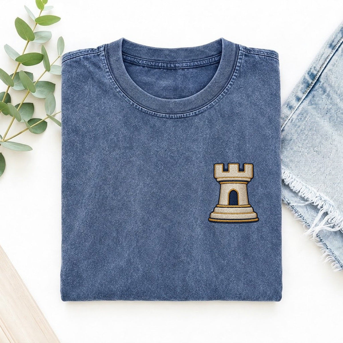 Chess Rook Symbol Emblems Left Chest Vintage T-shirt – Washed Blue