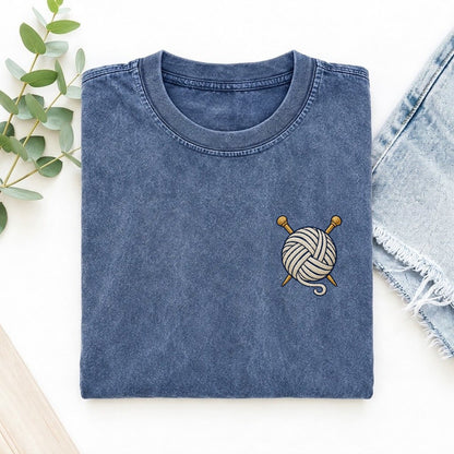 Yarn Needles Symbol Emblems Left Chest Vintage T-shirt – Washed Blue