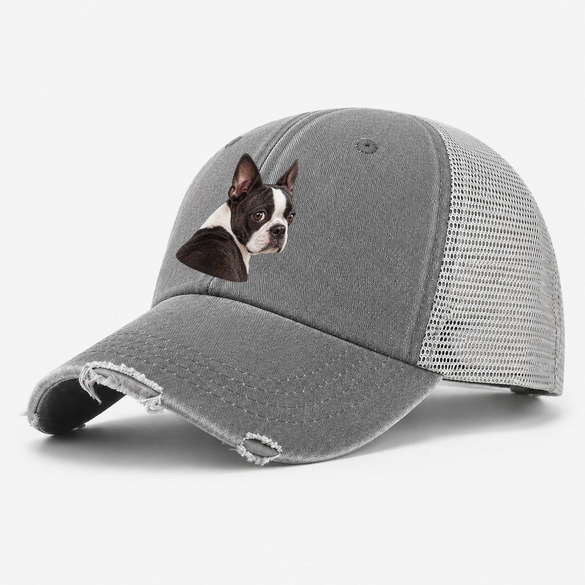 Boston Terrier Over The Shoulder Character Club Washed Trucker Hat – Grey