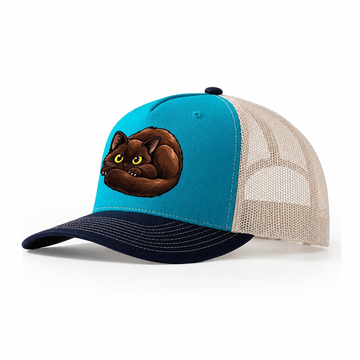 Burmese Curled Peeking Cats Trucker Hat – Teal Navy