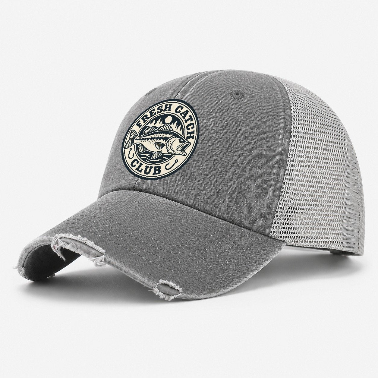 Fresh Catch Club Fishing Elegant Washed Trucker Hat – Grey