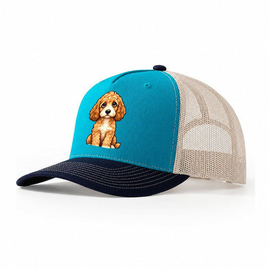 Goldendoodle Sitting Sweetheart Trucker Hat – Teal Navy