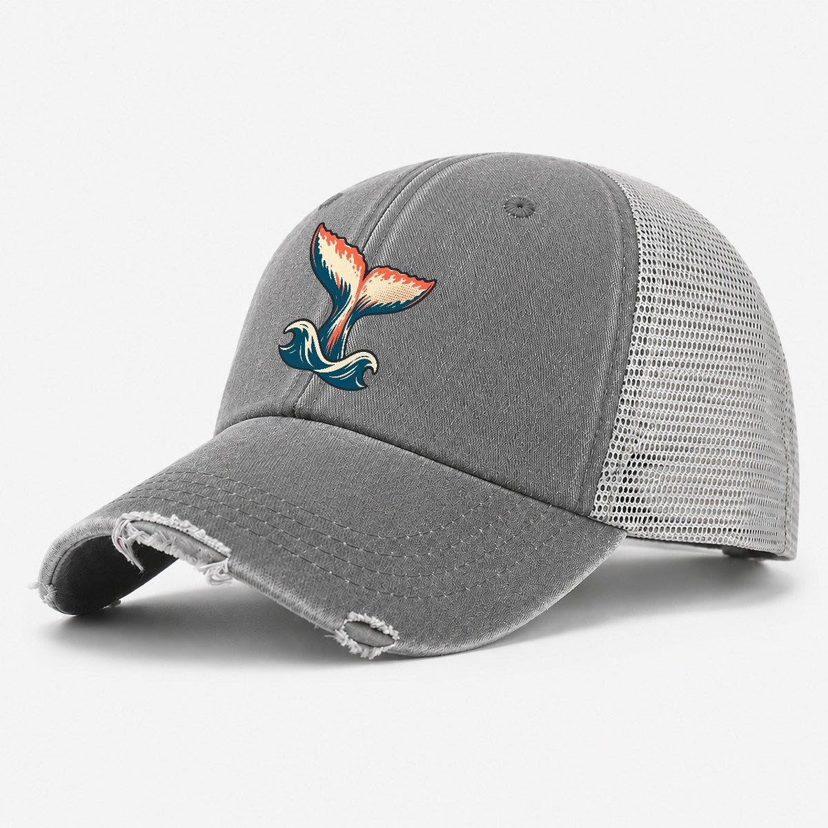 Humpback Tail Lift Washed Trucker Hat – Grey