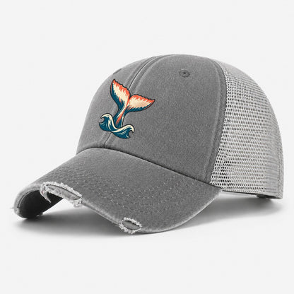 Humpback Tail Lift Washed Trucker Hat – Grey