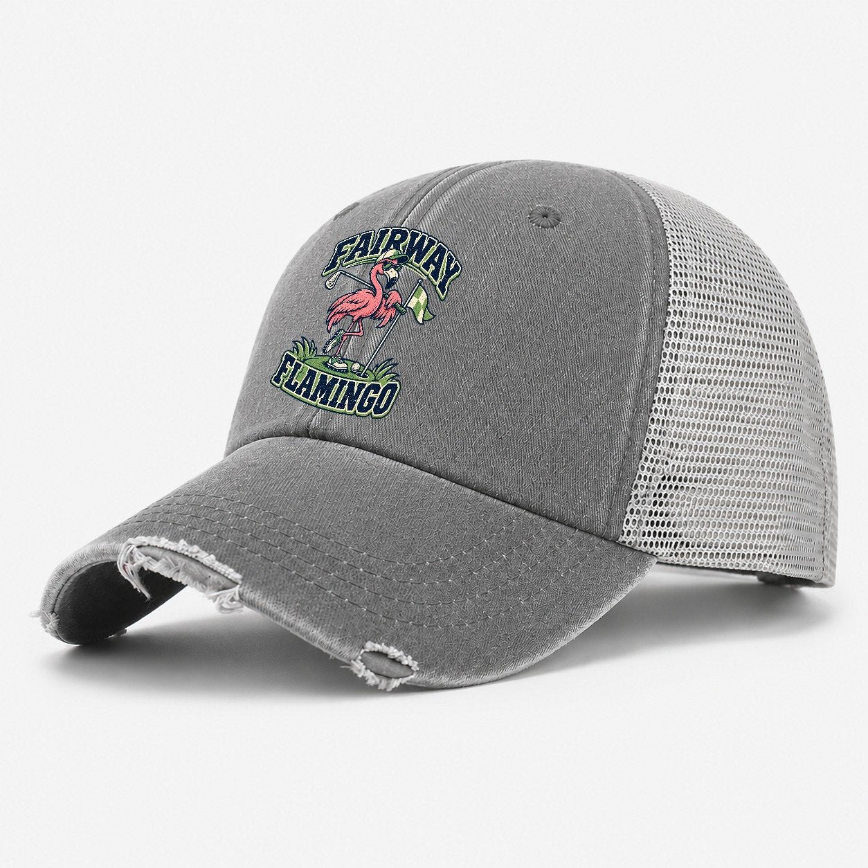 Fairway Flamingo Golf Life Washed Trucker Hat – Grey