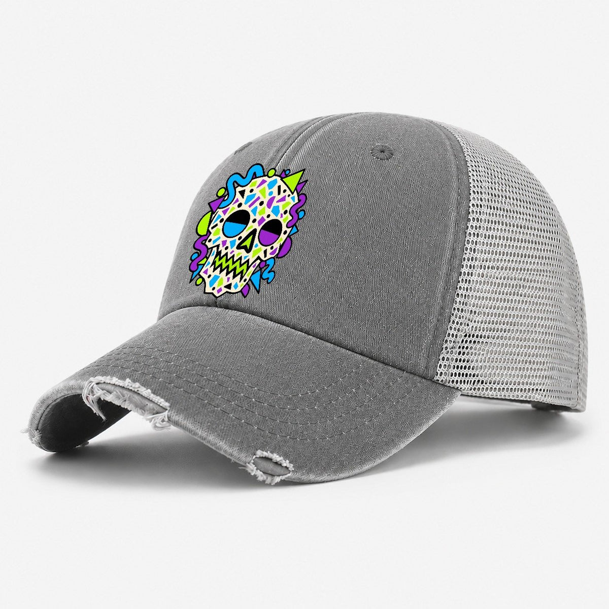 Confetti Skull Crazy Styles Washed Trucker Hat – Grey