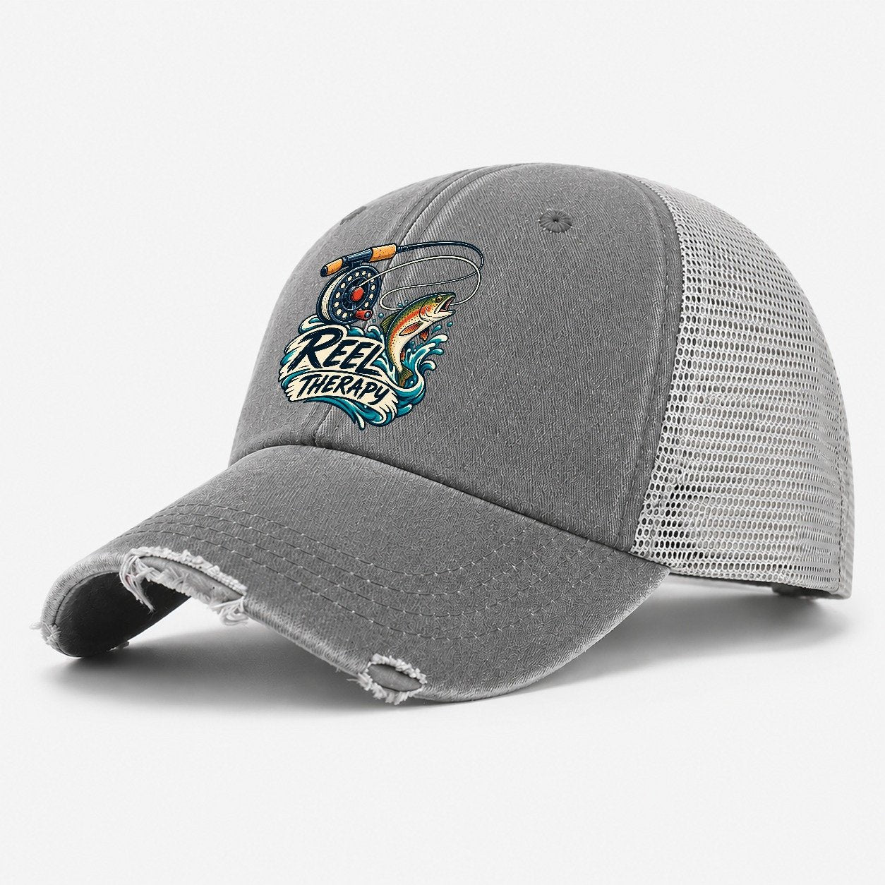 Reel Therapy Fishing Elegant Washed Trucker Hat – Grey