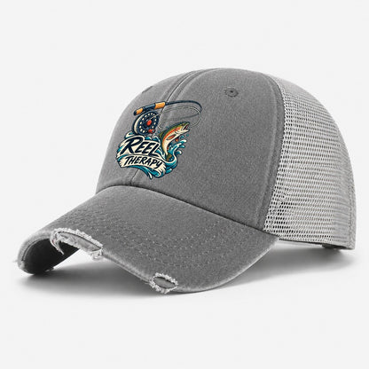 Reel Therapy Fishing Elegant Washed Trucker Hat – Grey
