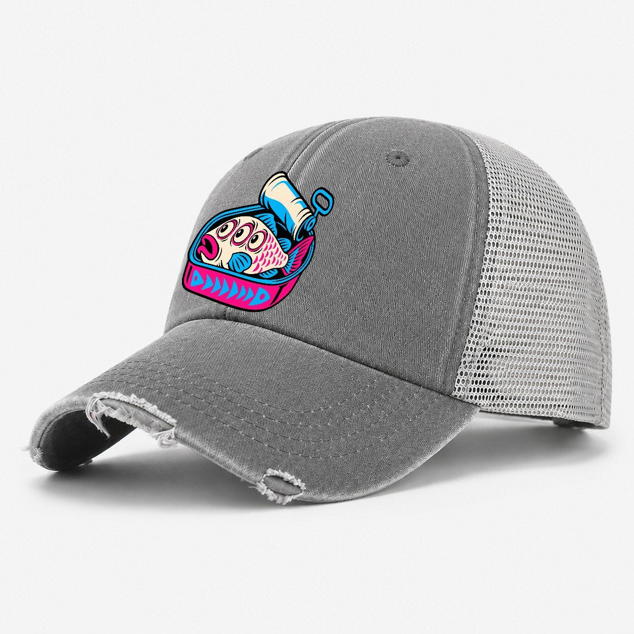 Three Eyed Sardine Tin Crazy Styles Washed Trucker Hat – Grey