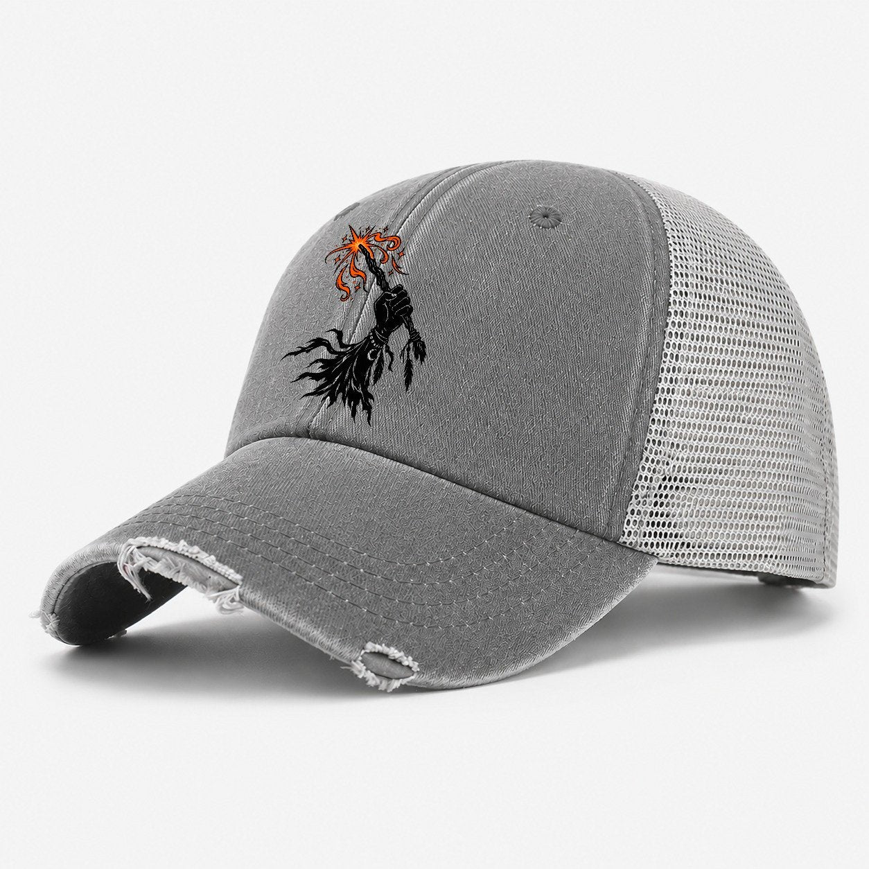 Witch Power Fist Witch Magic Washed Trucker Hat – Grey