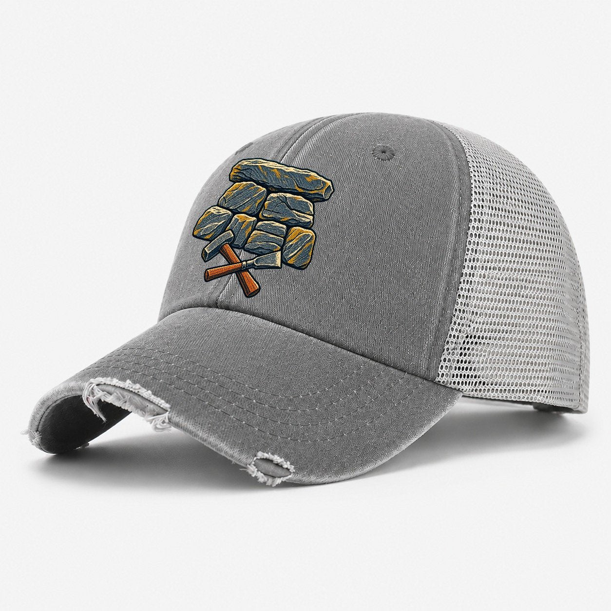 Seven Stone Wall Mason Hammer And Chisel Uk Culture Heritage Washed Trucker Hat – Grey