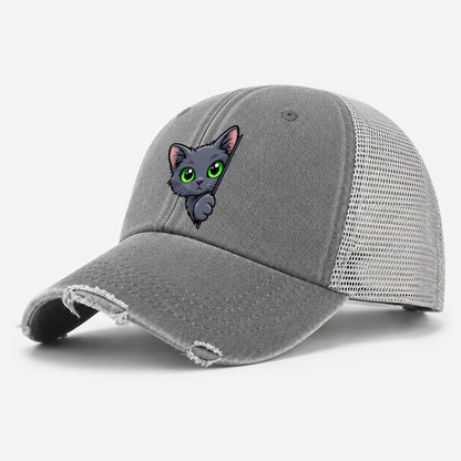 Russian Blue Side Peek Peeking Cats Washed Trucker Hat – Grey