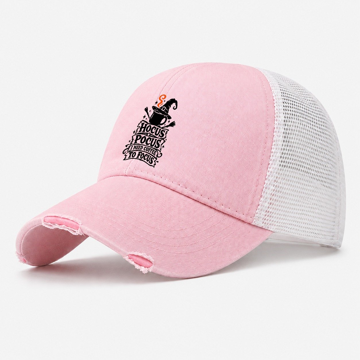 Hocus Pocus I Need Coffee To Focus Slogan Witch Magic Washed Trucker Hat – Light Pink