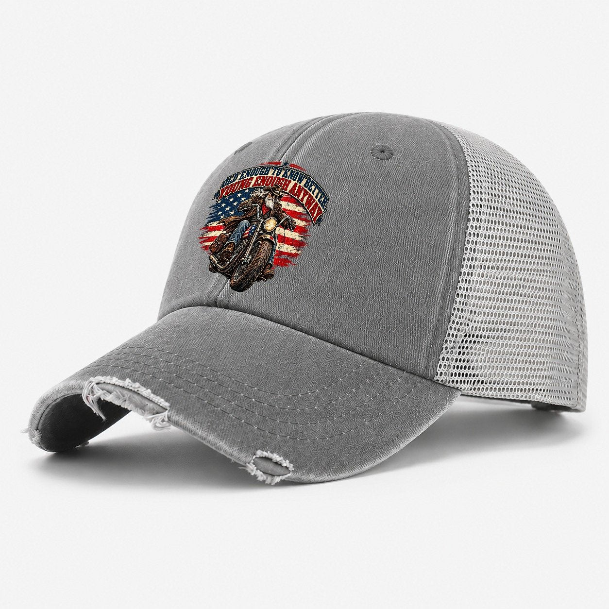 Old Enough To Know Better Young Enough Anyway Old Man Strong Washed Trucker Hat – Grey