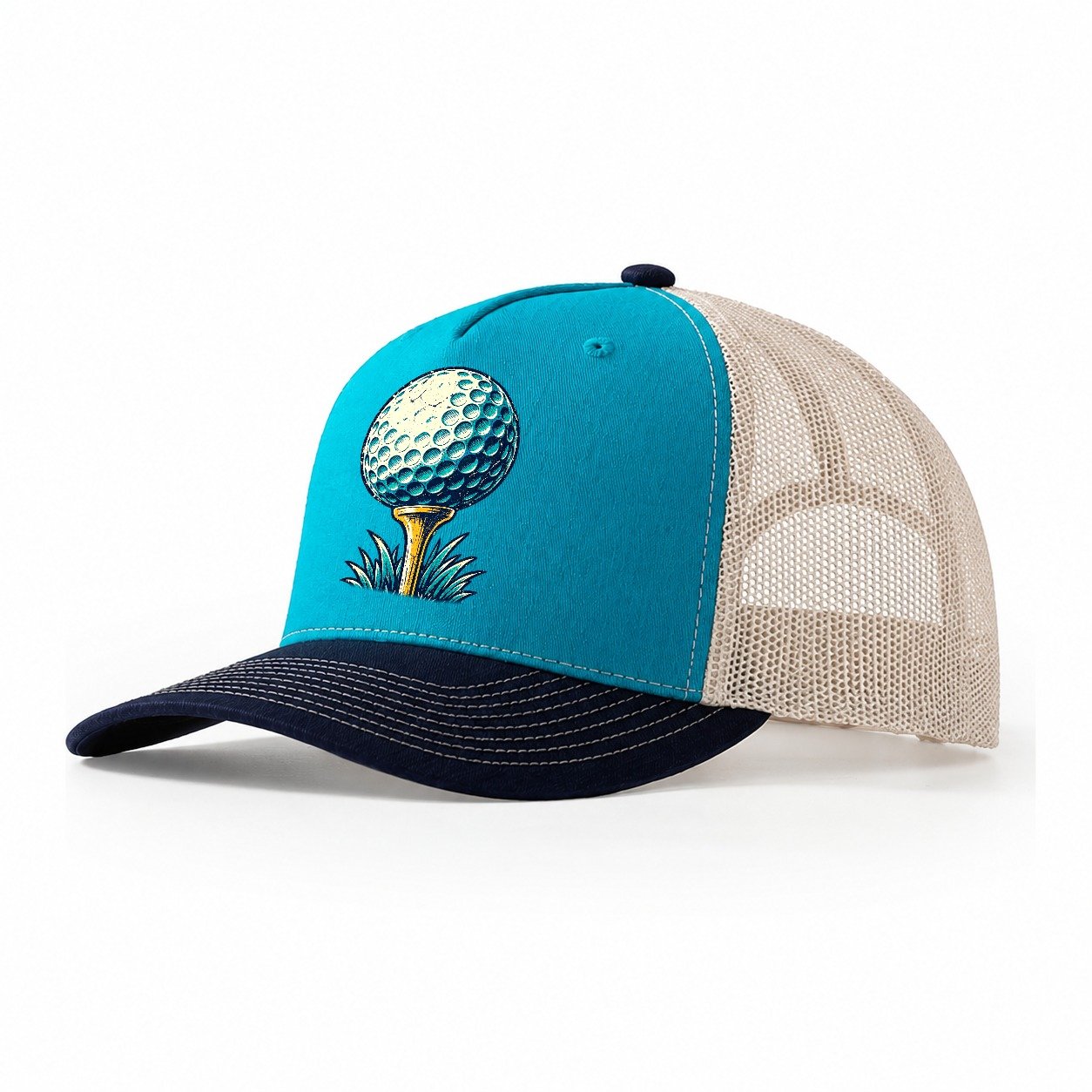 Tee And Ball Mark Golf Life Trucker Hat – Teal Navy