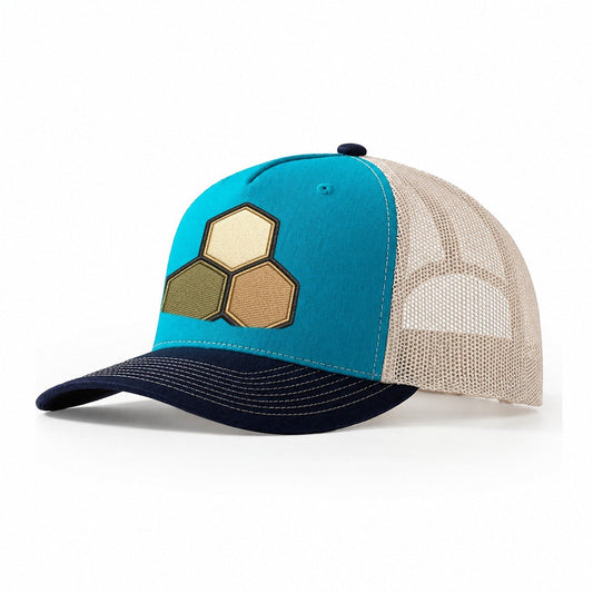 Three Hexagonal Tiles Clustered Board Games Trucker Hat – Teal Navy