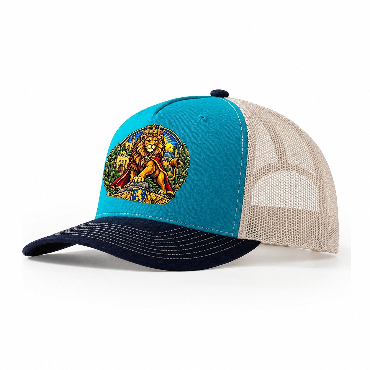 Lion Of Judah Heraldic Jerusalem Trucker Hat – Teal Navy