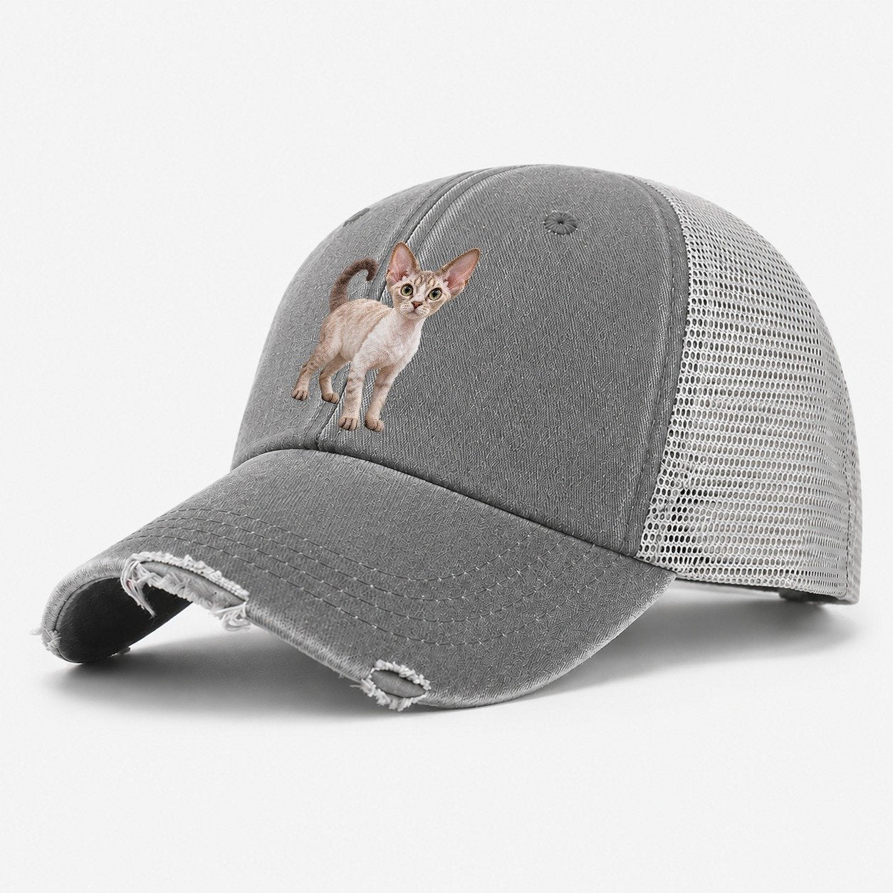Devon Rex Standing Three Quarter Realistic Cat Portrait Washed Trucker Hat – Grey