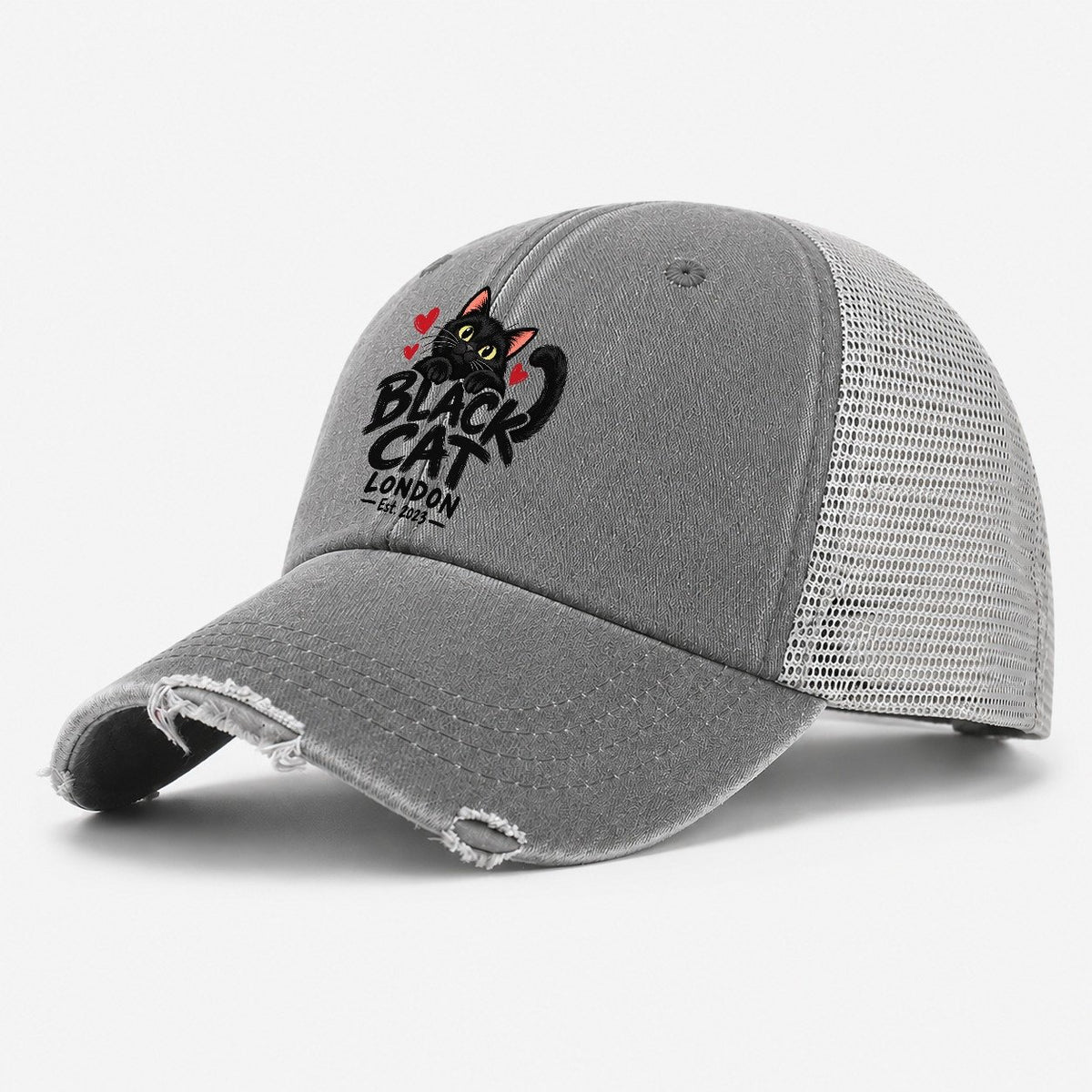 Black Cat London Est. 2023 Washed Trucker Hat – Grey