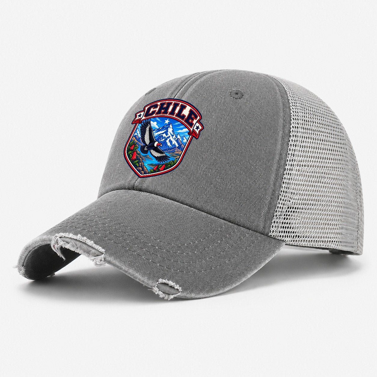 Chile Retro Badge Country Logos Washed Trucker Hat – Grey