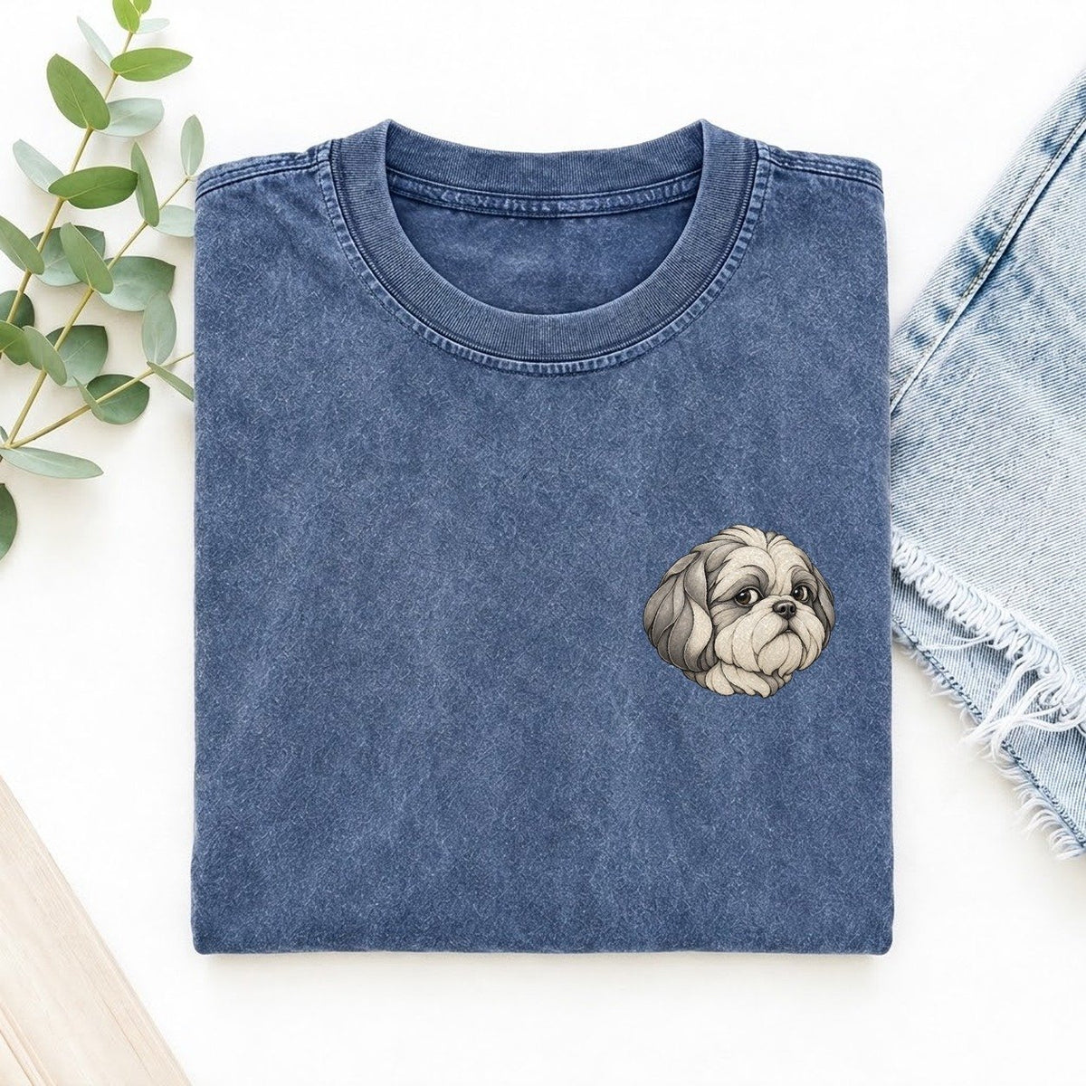 Shih Tzu Side Glance Keepsake Emblem Left Chest Vintage T-shirt – Washed Blue