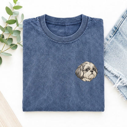 Shih Tzu Side Glance Keepsake Emblem Left Chest Vintage T-shirt – Washed Blue