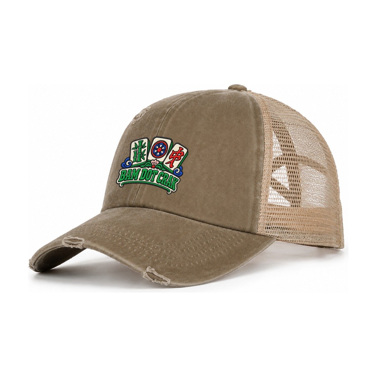 Bam Dot Crak Mahjong Game Night Women's Ponytail Trucker Hat – Taupe Khaki