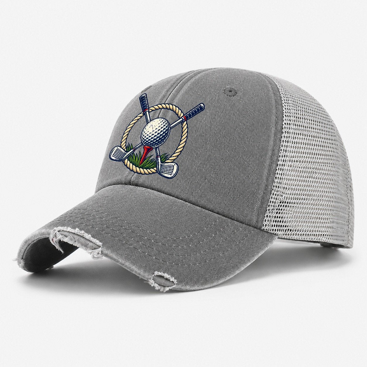 Crossed Clubs Crest Golf Life Washed Trucker Hat – Grey