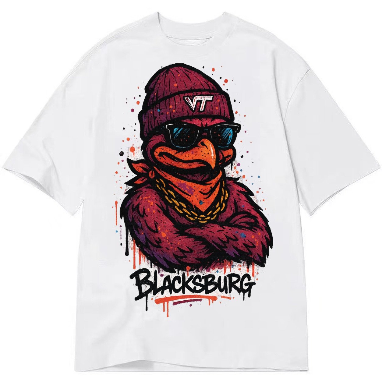 Blacksburg Hokiebird Wearing Virginia Tech Beanie With Vt Pa Classic T-shirt – White