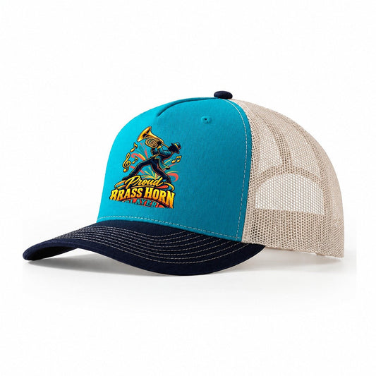 Proud Brass Horn Player Music Instruments Trucker Hat – Teal Navy