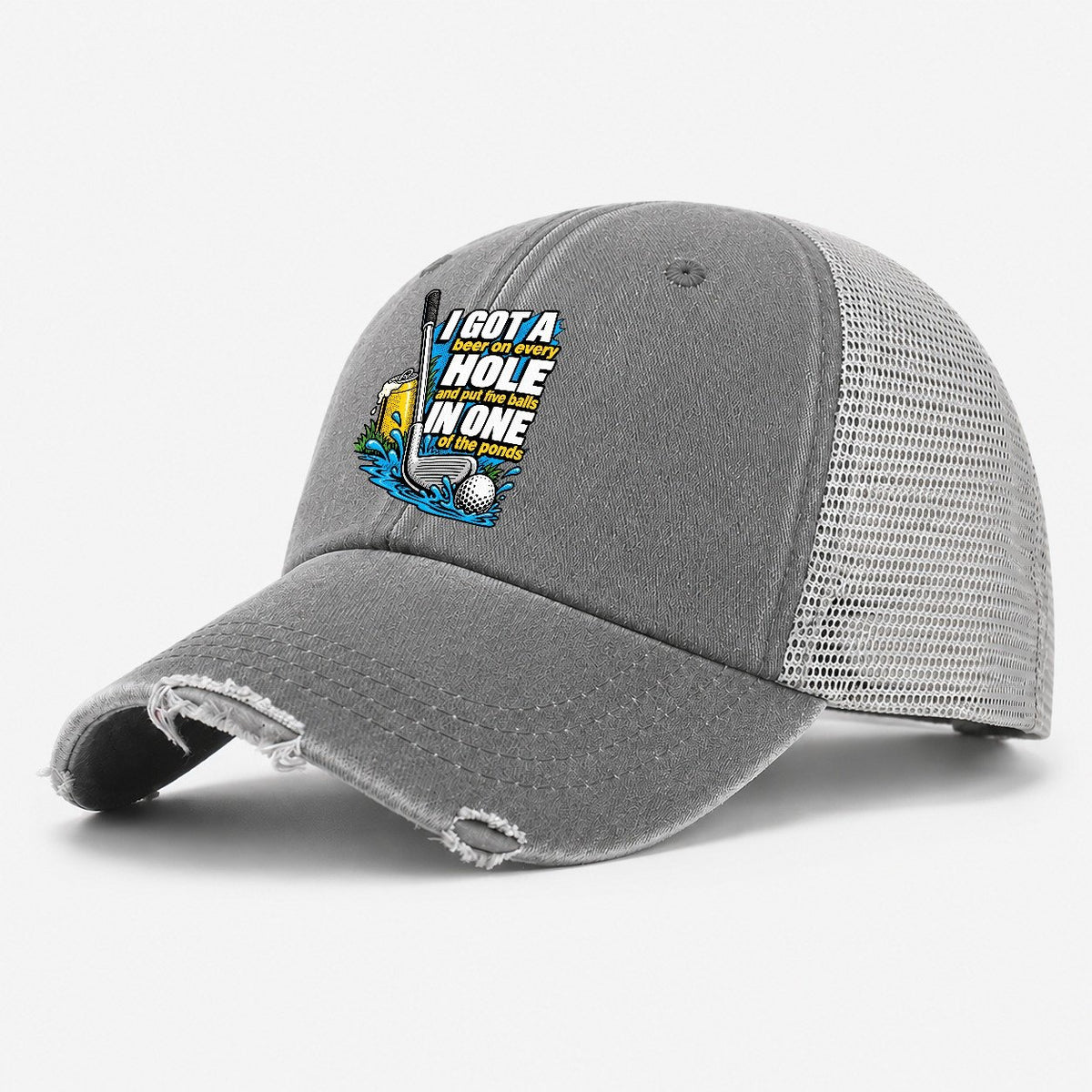 Beer on Every Hole Washed Trucker Hat – Grey