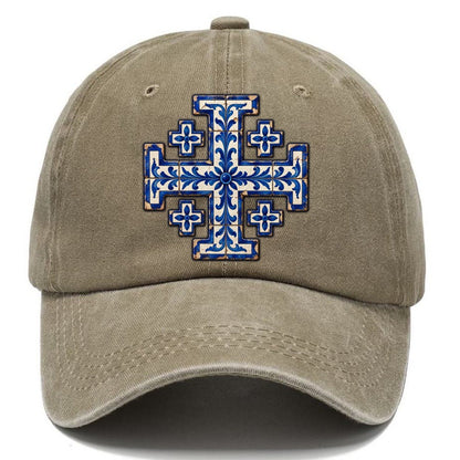 Blue And White Glazed Tile Jerusalem Cross Classic Cap – Warm Sand