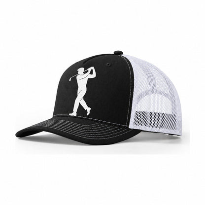 Golfer Perfect Swing Follow Through Trucker Hat – Black White
