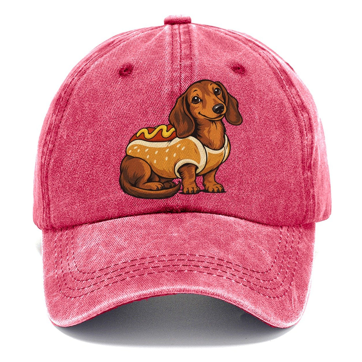 One Dachshund In Halloween Costume Hot Dog Bun Costume With Mustard Squiggle Halloween Dog Parade Classic Cap – Pomegranate Blush