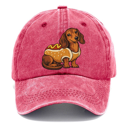 One Dachshund In Halloween Costume Hot Dog Bun Costume With Mustard Squiggle Halloween Dog Parade Classic Cap – Pomegranate Blush