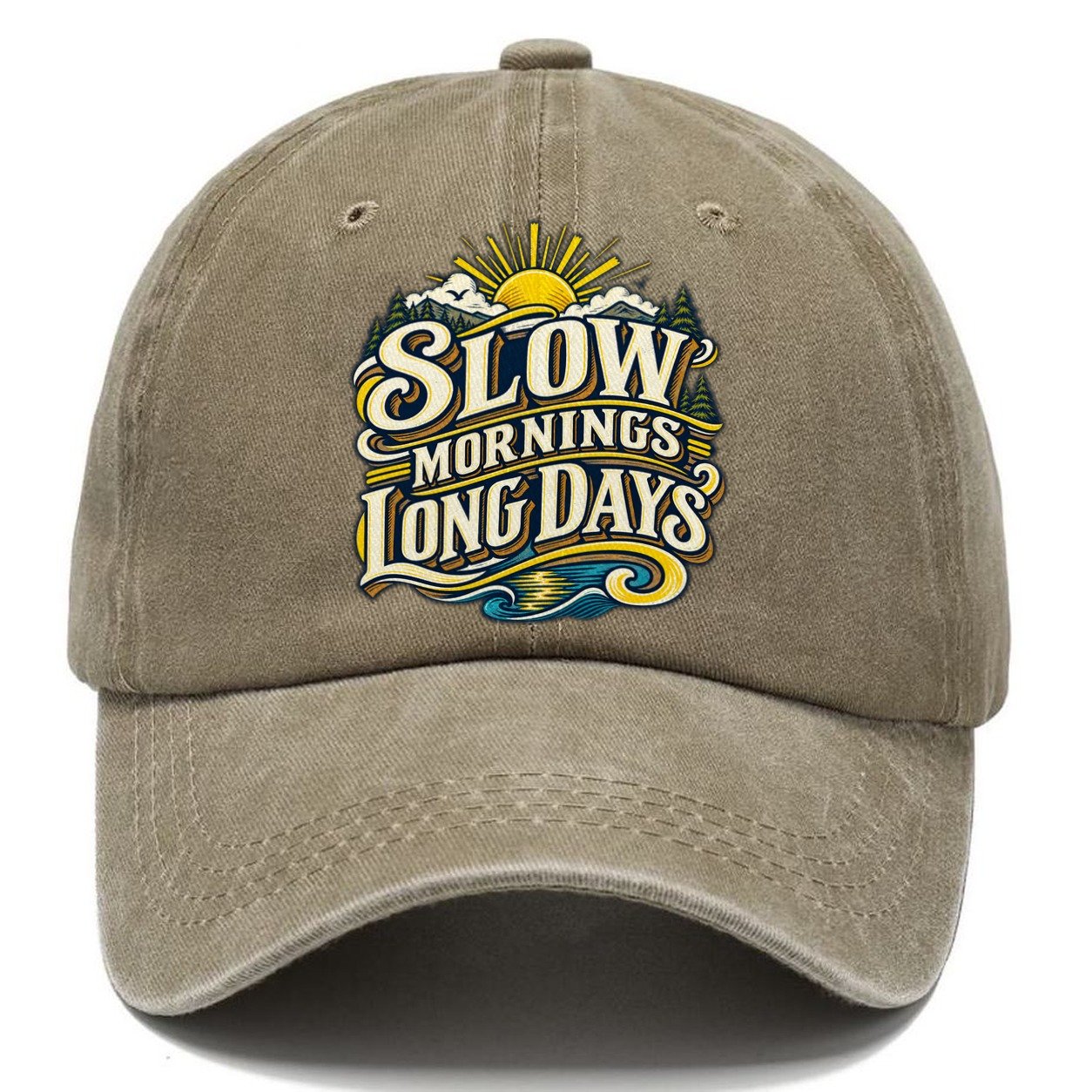 Slow Mornings Long Days Retired Living Classic Cap – Warm Sand