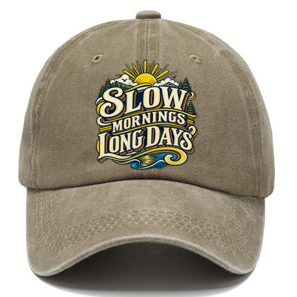 Slow Mornings Long Days Retired Living Classic Cap – Warm Sand