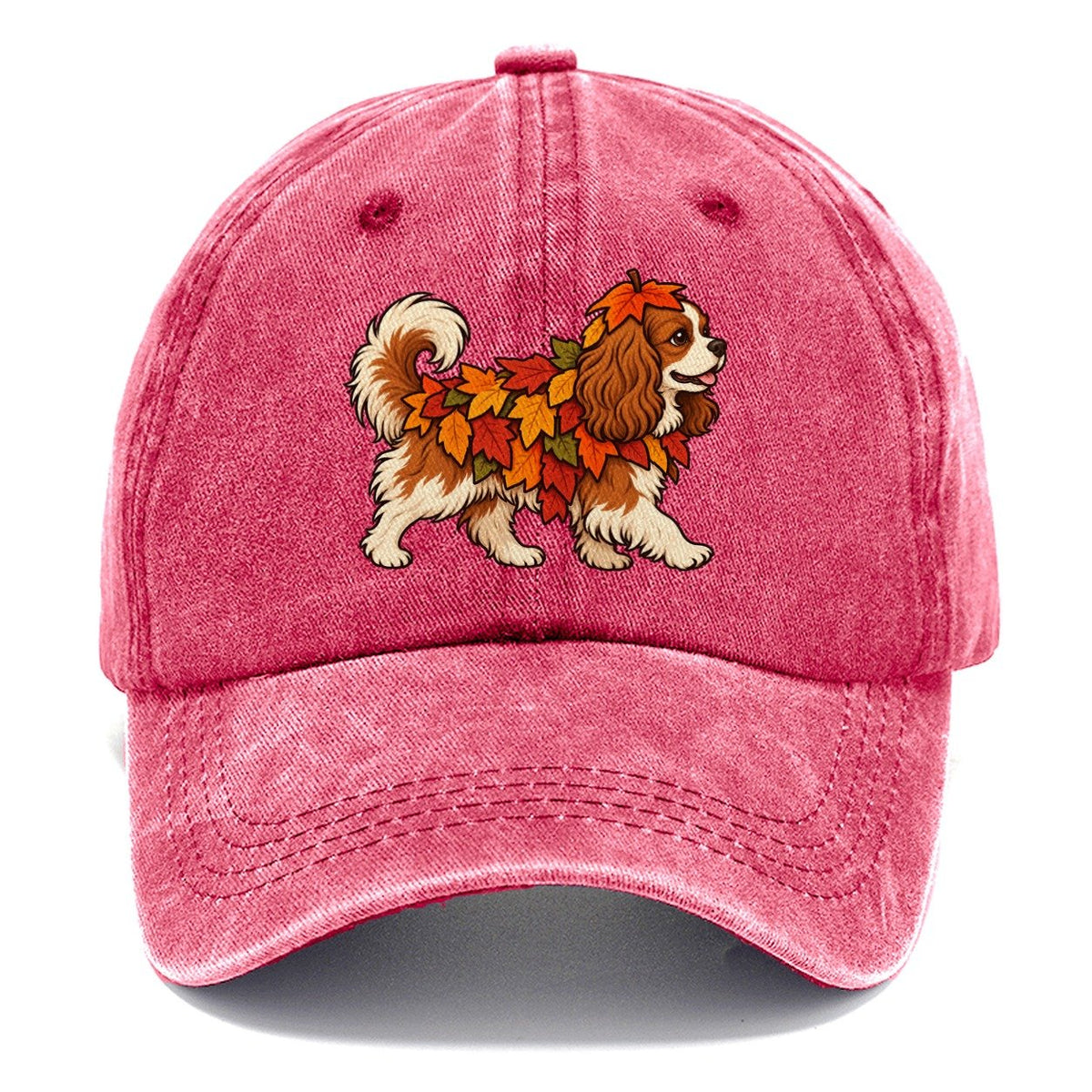 One Cavalier King Charles Spaniel In Halloween Costume Fallen Leaf Pile Costume With Orange And Red Felt Leaves Halloween Dog Parade Classic Cap – Pomegranate Blush