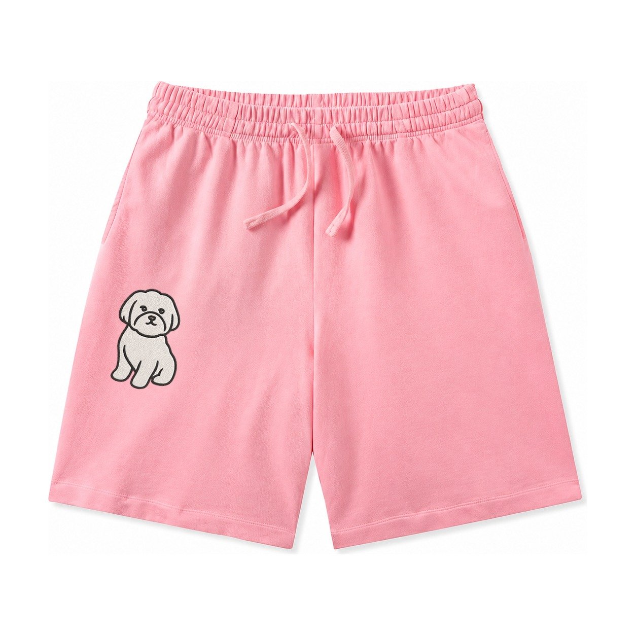 Maltese Pure White Fluffy Embroidered Design Washed Shorts – Pink
