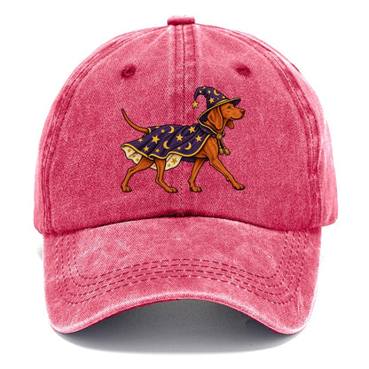 One Vizsla In Halloween Costume Wizard Costume With A Starry Robe And Pointed Hat Halloween Dog Parade Classic Cap – Pomegranate Blush