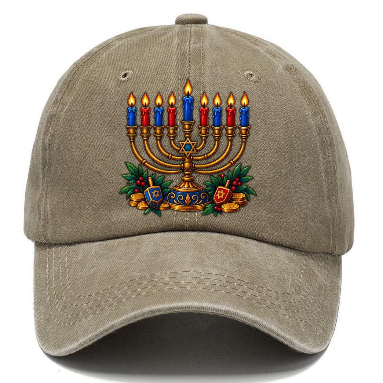 Hanukkah Menorah Cozy Judaism Heritage Classic Cap – Warm Sand