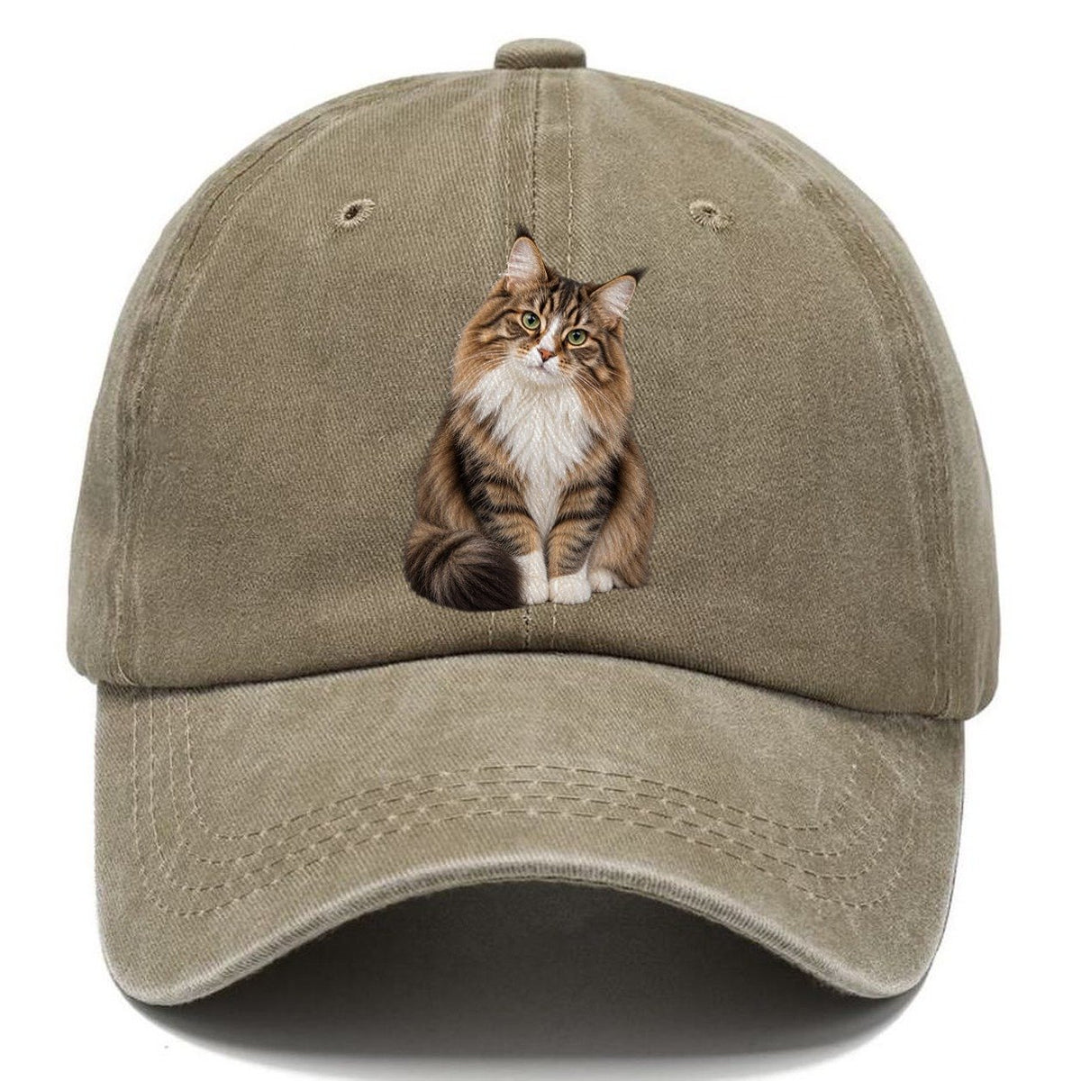 Norwegian Forest Cat Seated Portrait Realistic Cat Portrait Classic Cap – Warm Sand