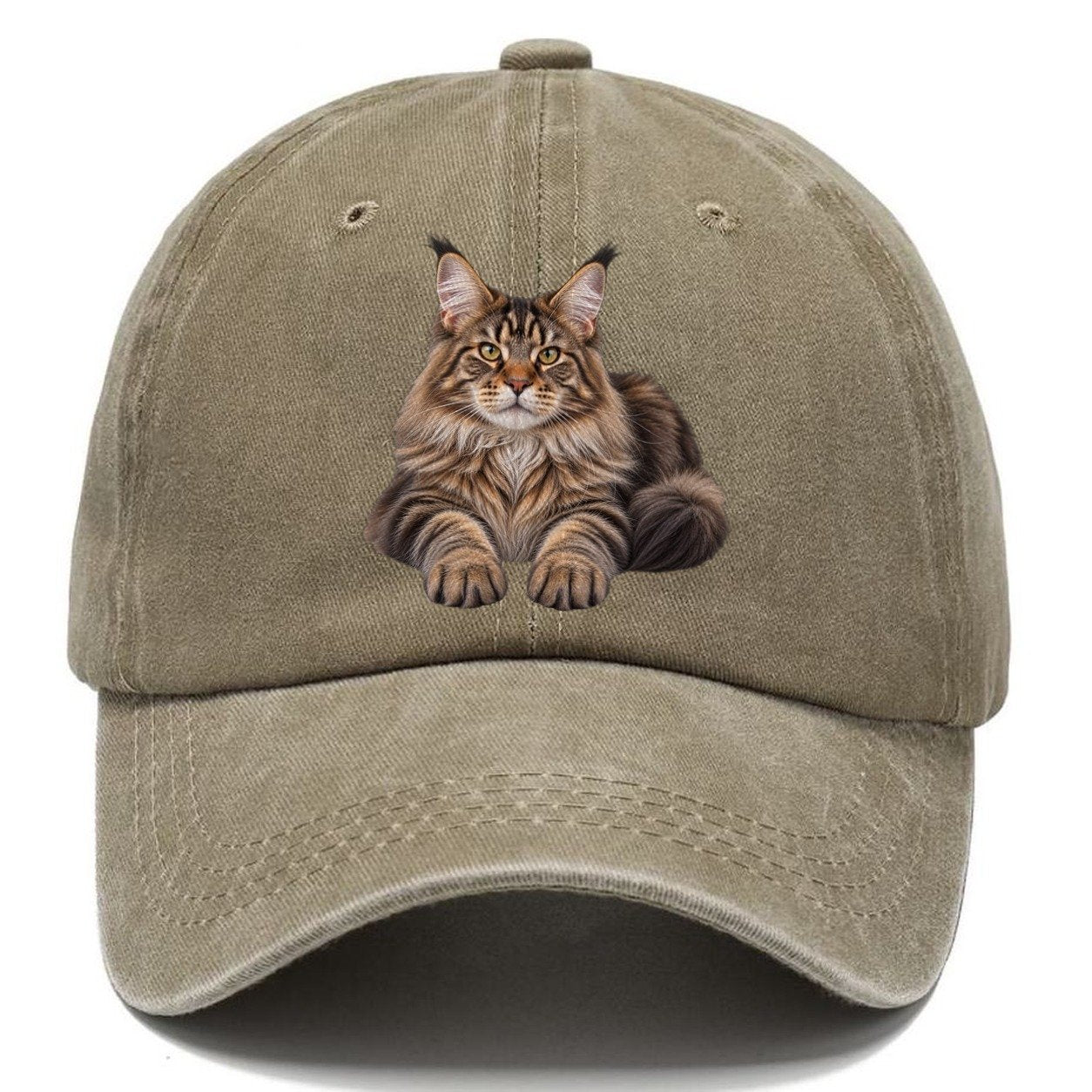 Maine Coon Reclining Paws Forward Realistic Cat Portrait Classic Cap – Warm Sand