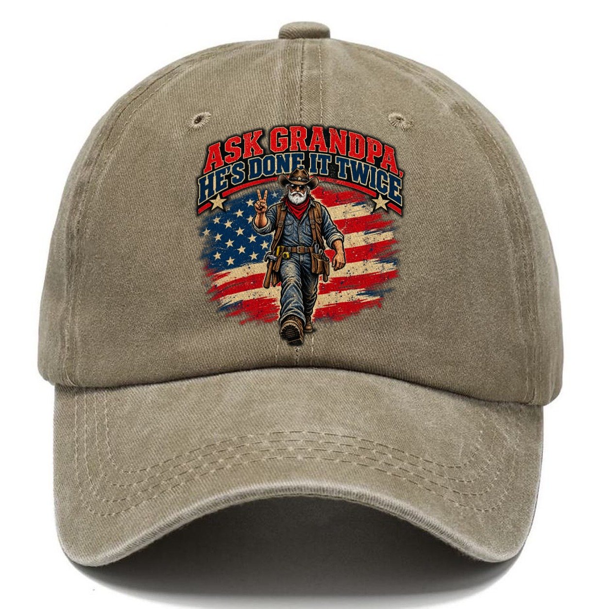 Ask Grandpa He S Done It Twice Old Man Strong Classic Cap – Warm Sand