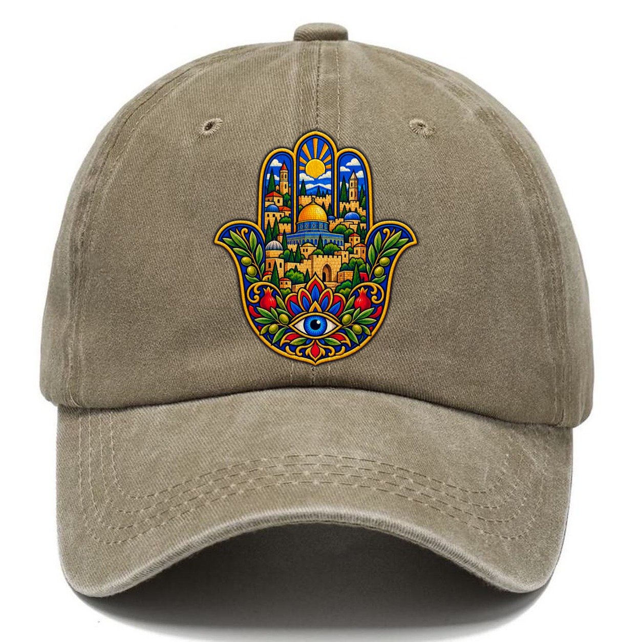 Hamsa With Skyline Jerusalem Classic Cap – Warm Sand