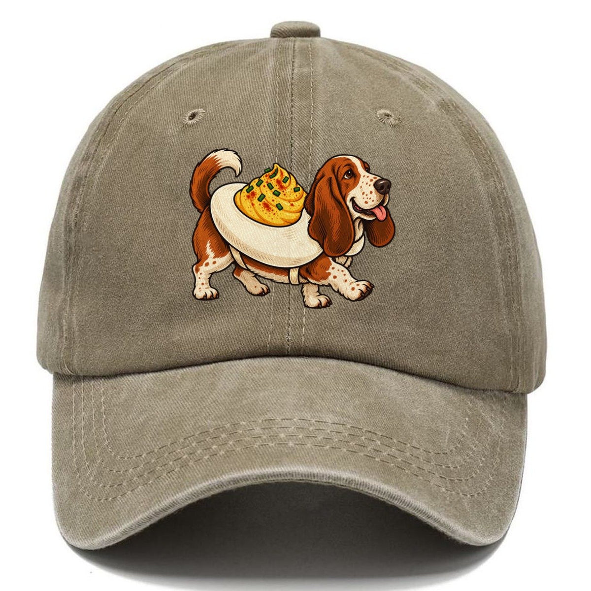 One Basset Hound In Halloween Costume Deviled Egg Costume With A Yolky Yellow Center Halloween Dog Parade Classic Cap – Warm Sand