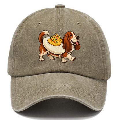 One Basset Hound In Halloween Costume Deviled Egg Costume With A Yolky Yellow Center Halloween Dog Parade Classic Cap – Warm Sand