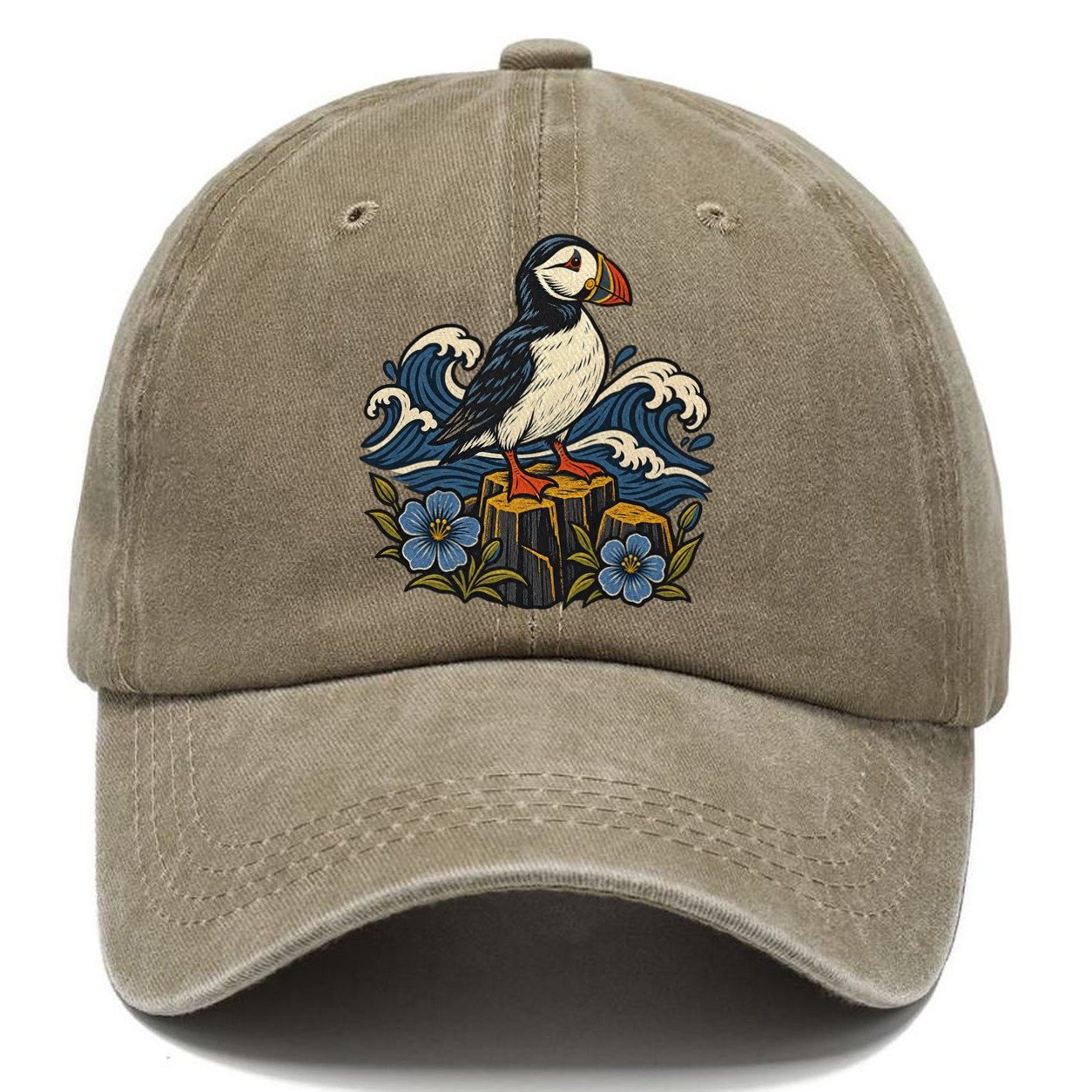 Causeway Coast Puffin And Flax Flowers Uk Culture Heritage Classic Cap – Warm Sand