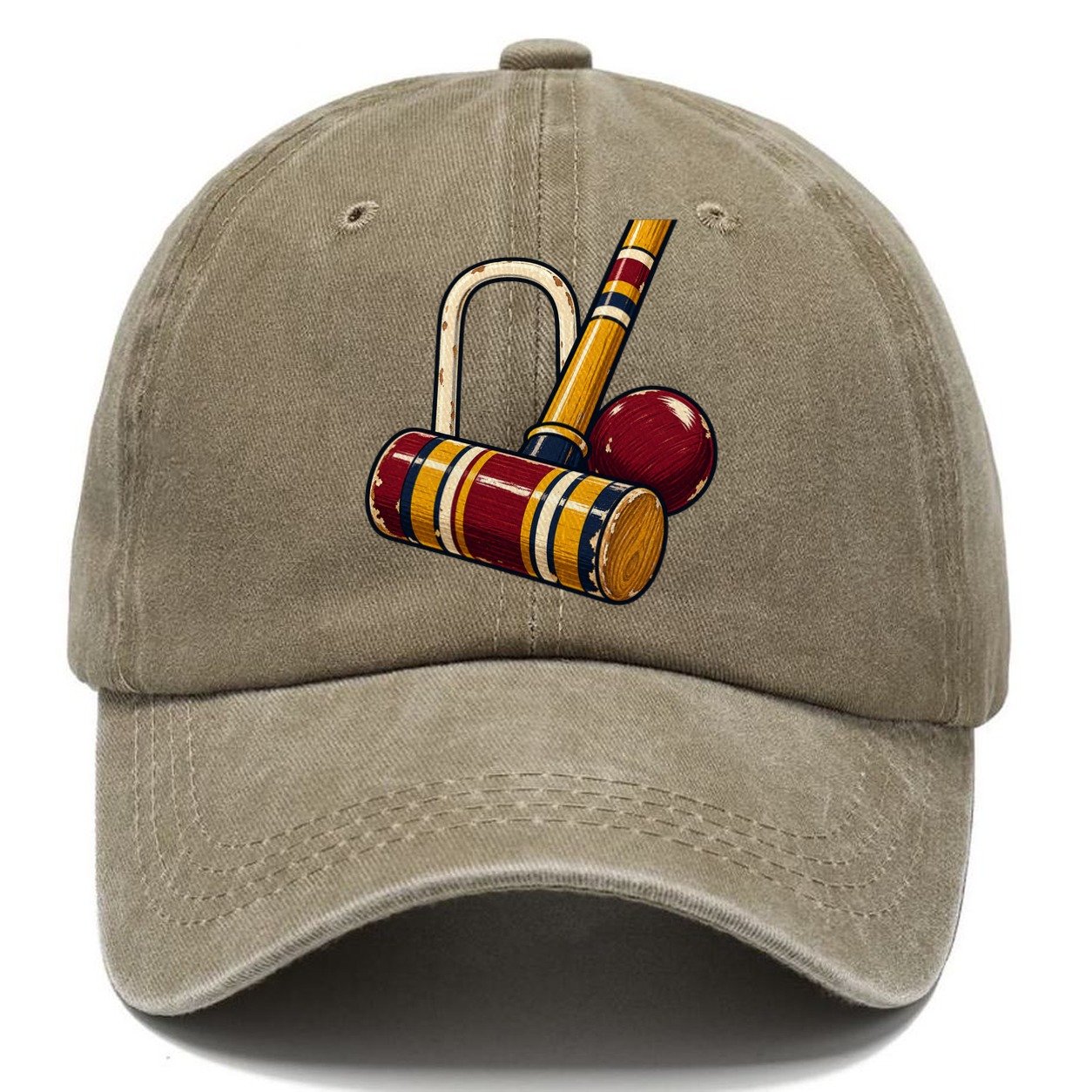 Croquet Mallet Hoop And Burgundy Ball Uk Culture Heritage Classic Cap – Warm Sand